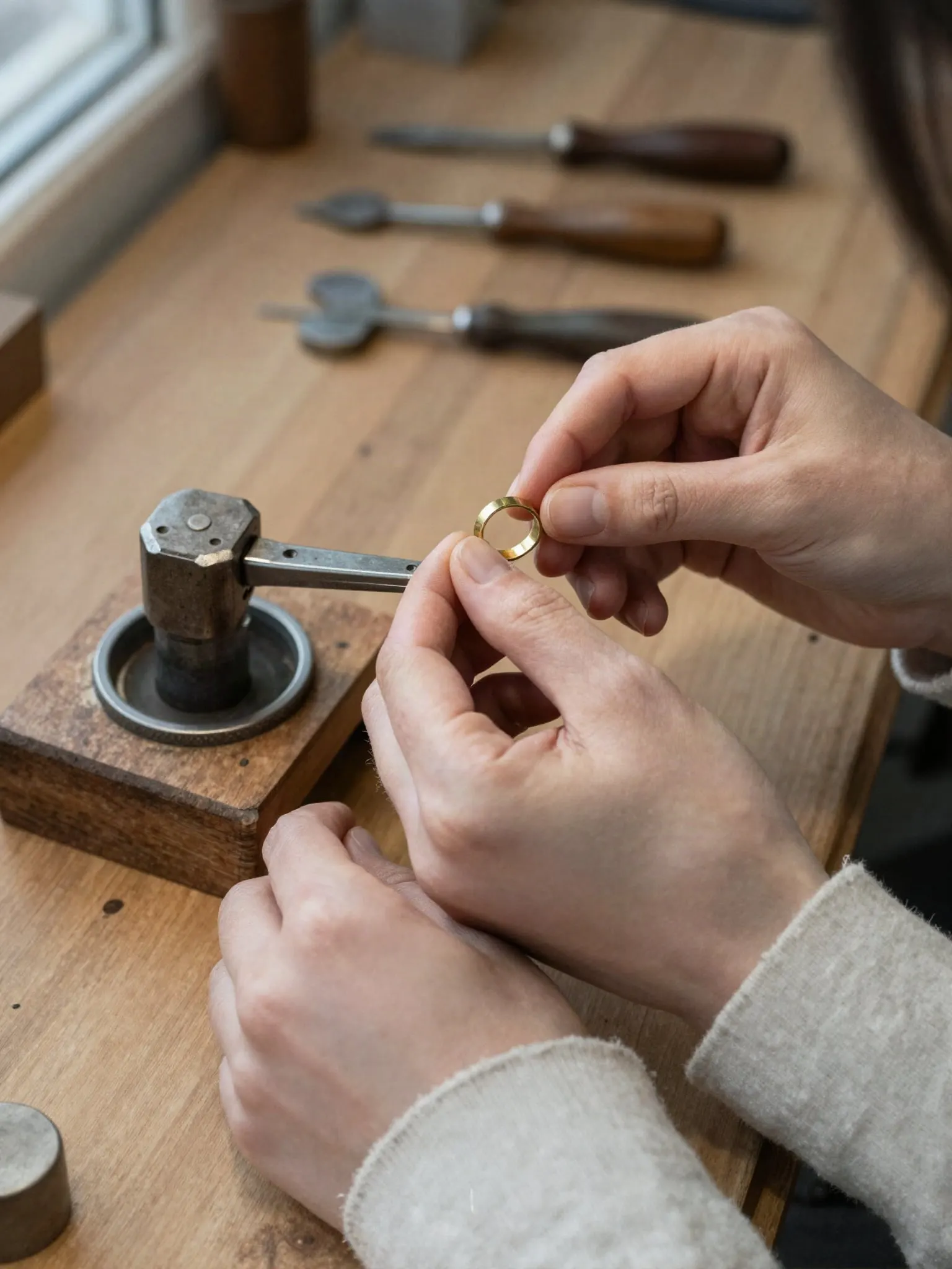 Manos trabajando un anillo en un banco de joyería con luz de ventana (imagen provisional generada)