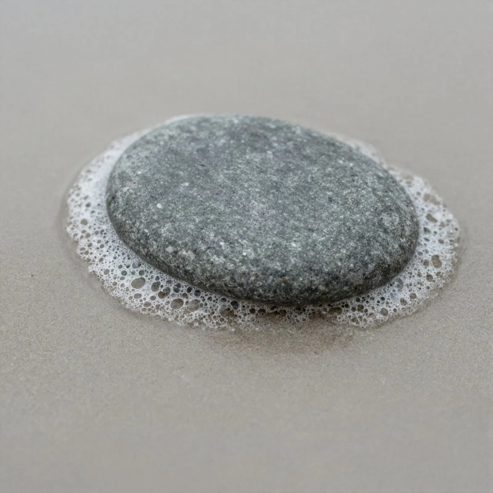 Piedra gris pulida por el mar sobre arena húmeda con espuma (imagen provisional generada, pendiente de fotografía real)