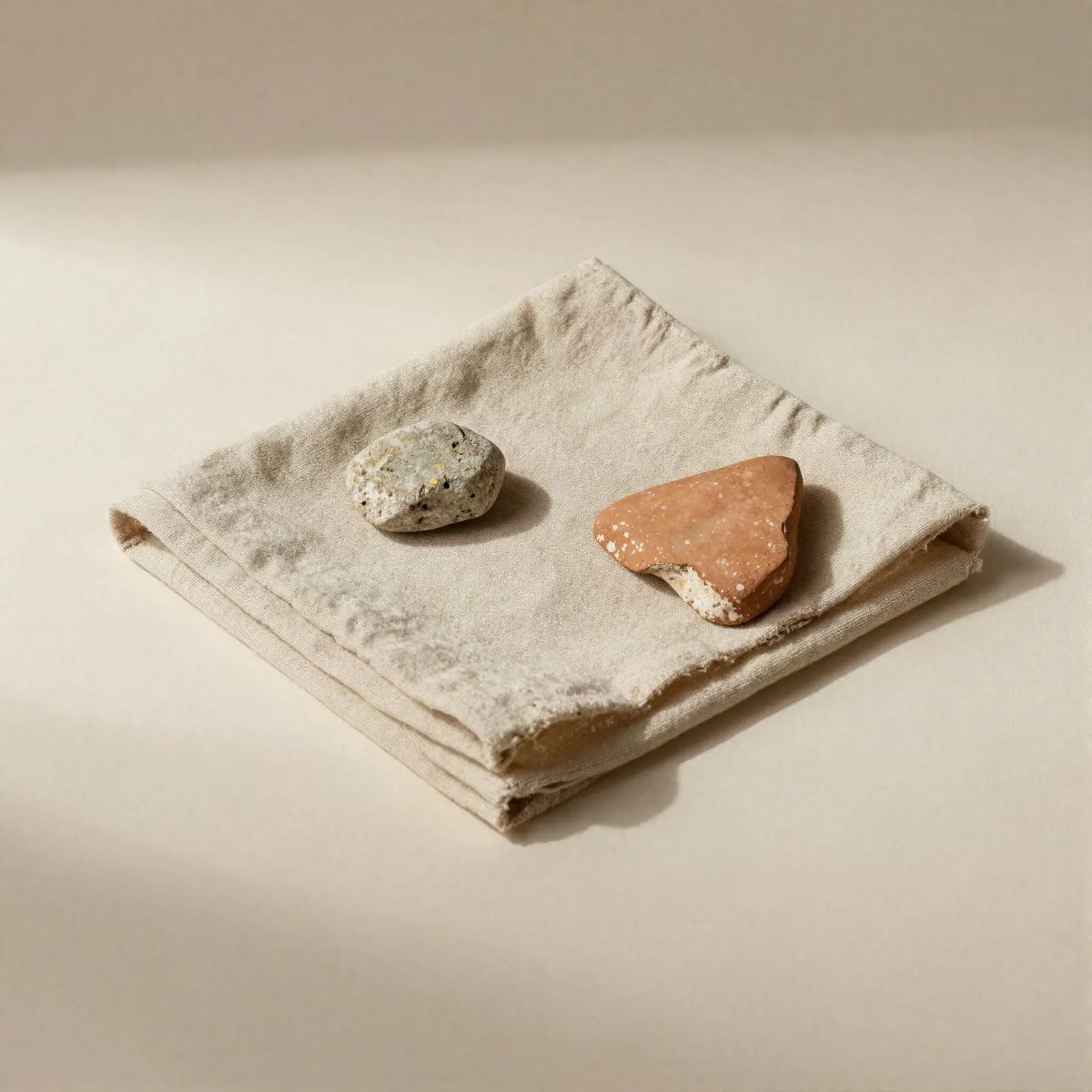 Lino doblado, una piedra y un fragmento de terracota sobre yeso crema (imagen provisional)