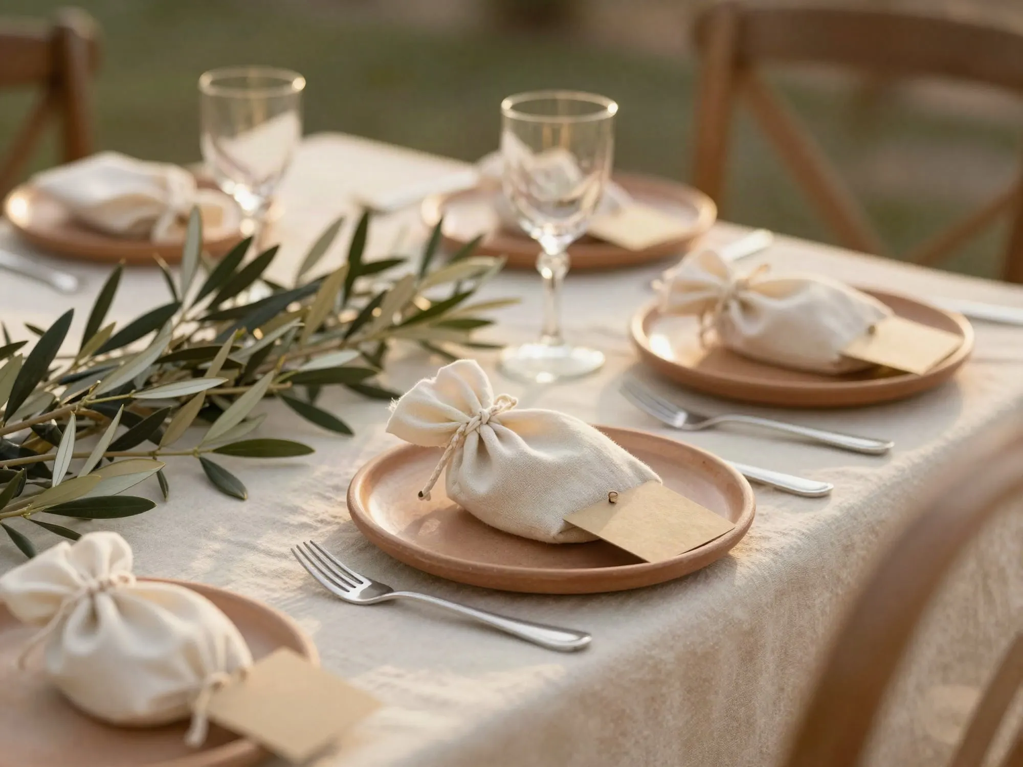 Mesa de boda con lino, ramas de olivo y bolsitas de algodón con tarjeta kraft en cada plato, al atardecer (imagen provisional)