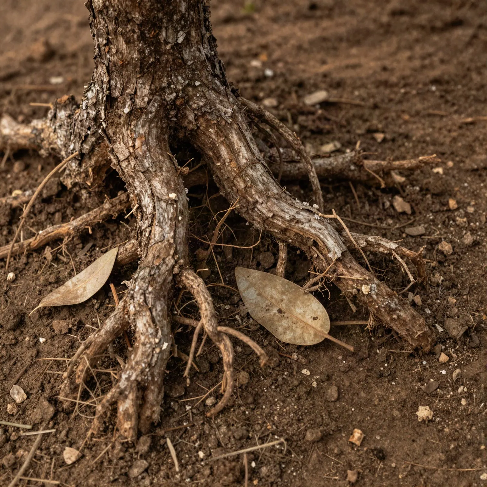 Raíces de olivo y tierra oscura con una hoja seca (imagen provisional generada, pendiente de fotografía real)